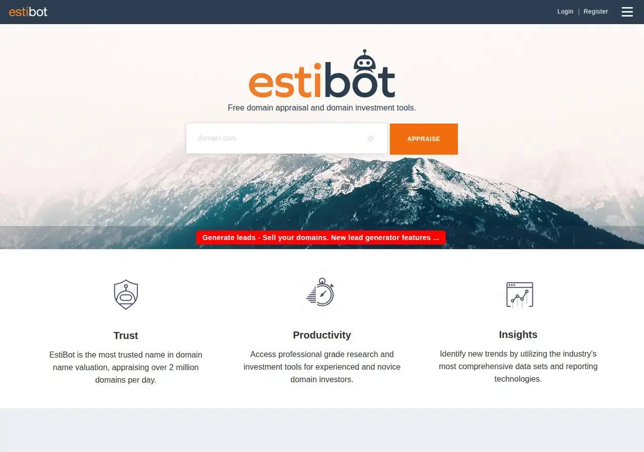 Estibot homepage with its domain appraisal search box and a headline claiming 2 million domains appraised daily
